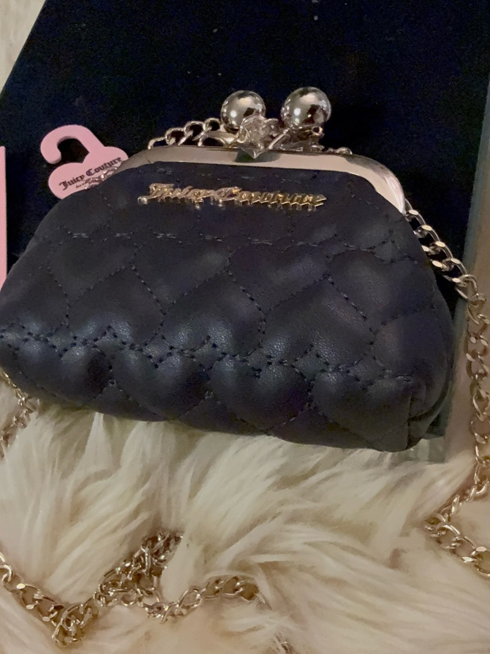 Juicy Couture Black Quilted Mini Kiss-Lock Coin purse/ Crossbody with Gold Chain
